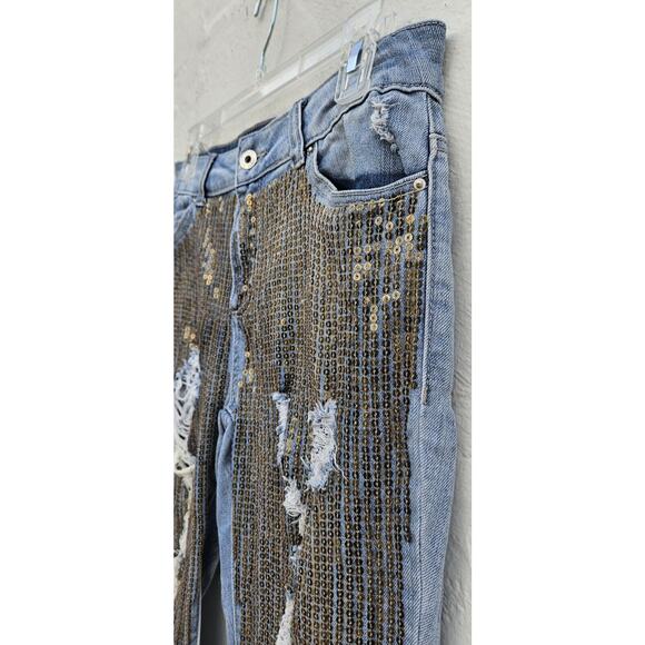 Vtg Y2K Litz Jeans 29 Extreme Distressed Glitzy Metallic Sequin Straight Leg - Picture 3 of 12